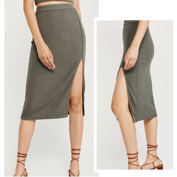 ABERCROMBIE AND FITCH Olive Midi Ribbed Skirt Long Side Slit Pencil Sleek Wmn S - Picture 14 of 14
